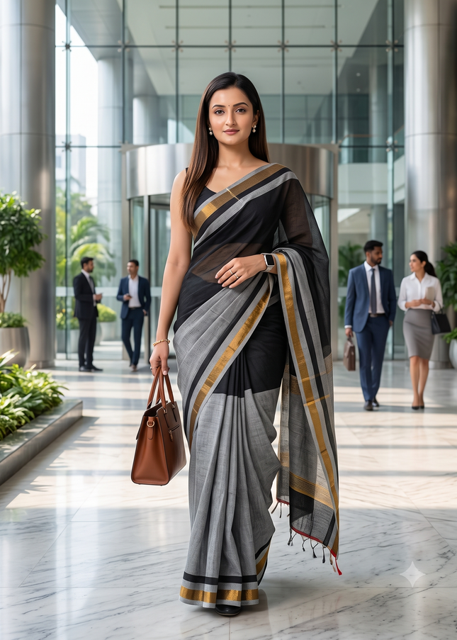 dB DESH BIDESH Women`s Mul Cotton Sarees Soft Zari Fancy Roshni Latest, Design Party, Wear Cotton Silk Saree For Woman With Blouse Piece (Black Grey Golden)