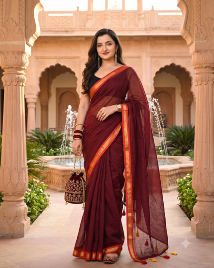 dB DESH BIDESH Women`s Mul Cotton Sarees Soft Zari Fancy Roshni Latest, Design Party, Wear Cotton Silk Saree For Woman With Blouse Piece (Canberry Red Golden)