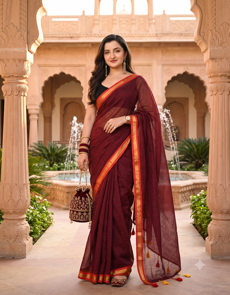 dB DESH BIDESH Women`s Mul Cotton Sarees Soft Zari Fancy Roshni Latest, Design Party, Wear Cotton Silk Saree For Woman With Blouse Piece (Canberry Red Golden)