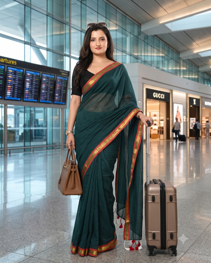 dB DESH BIDESH Women`s Mul Cotton Sarees Soft Zari Fancy Roshni Latest, Design Party, Wear Cotton Silk Saree For Woman With Blouse Piece (Green Golden)