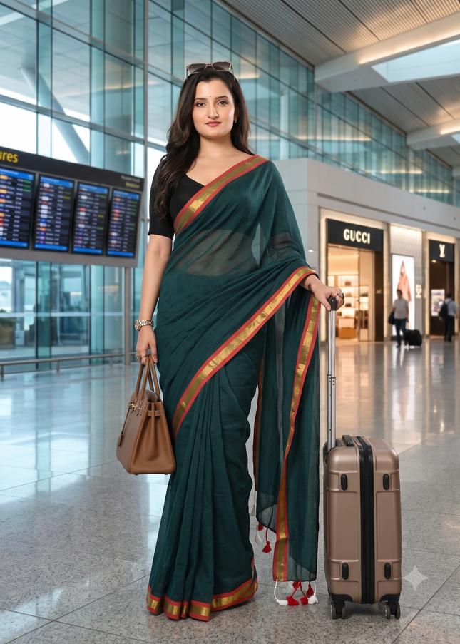 dB DESH BIDESH Women`s Mul Cotton Sarees Soft Zari Fancy Roshni Latest, Design Party, Wear Cotton Silk Saree For Woman With Blouse Piece (Green Golden)