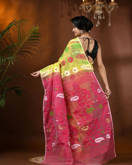 DESH BIDESH Yellow and Pink Jamdani Saree with Ethnic Motifs