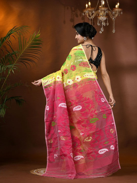 DESH BIDESH Yellow and Pink Jamdani Saree with Ethnic Motifs