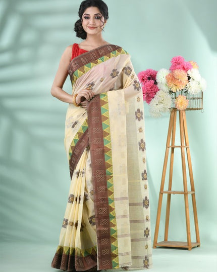 DESH BIDESH Beige & Brown Floral Zari Pure Cotton Handloom Saree with Blouse Piece