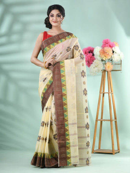 DESH BIDESH Beige & Brown Floral Zari Pure Cotton Handloom Saree with Blouse Piece