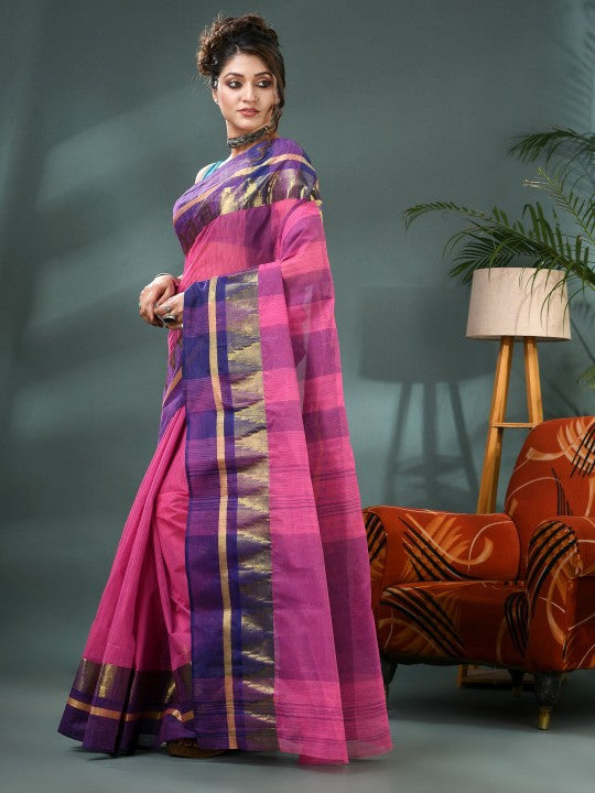 DESH BIDESH Striped Zari Pure Cotton Taant Saree