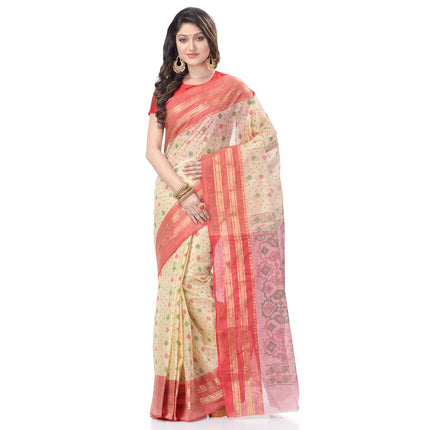 Women`s Bengal Tant Jamdani Printed Handloom Cotton Saree Without Blouse Piece
