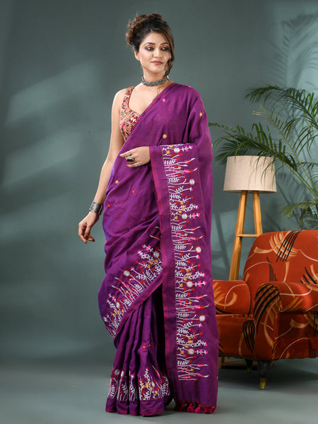 Embroidery Garden Bloom Design Saree with Blouse Piece - Purple