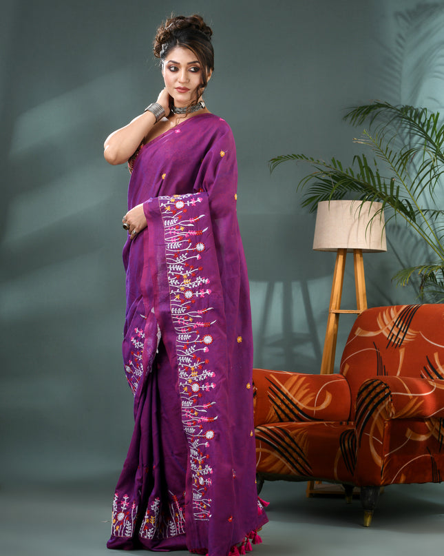 Embroidery Garden Bloom Design Saree with Blouse Piece - Purple