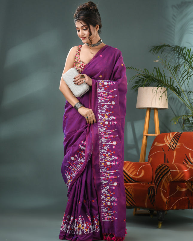 Embroidery Garden Bloom Design Saree with Blouse Piece - Purple