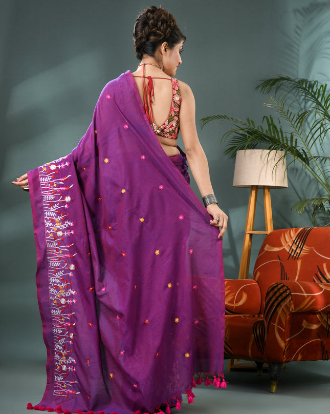 Embroidery Garden Bloom Design Saree with Blouse Piece - Purple