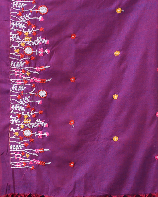 Embroidery Garden Bloom Design Saree with Blouse Piece - Purple