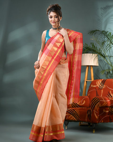 Pure Cotton Handloom Zari Temple Design Tant Saree - Off White Red