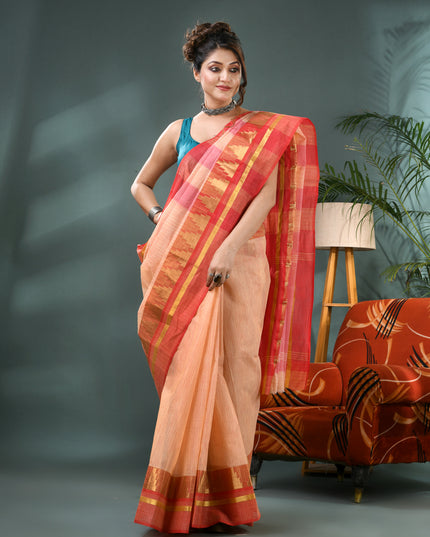 Pure Cotton Handloom Zari Temple Design Tant Saree - Off White Red