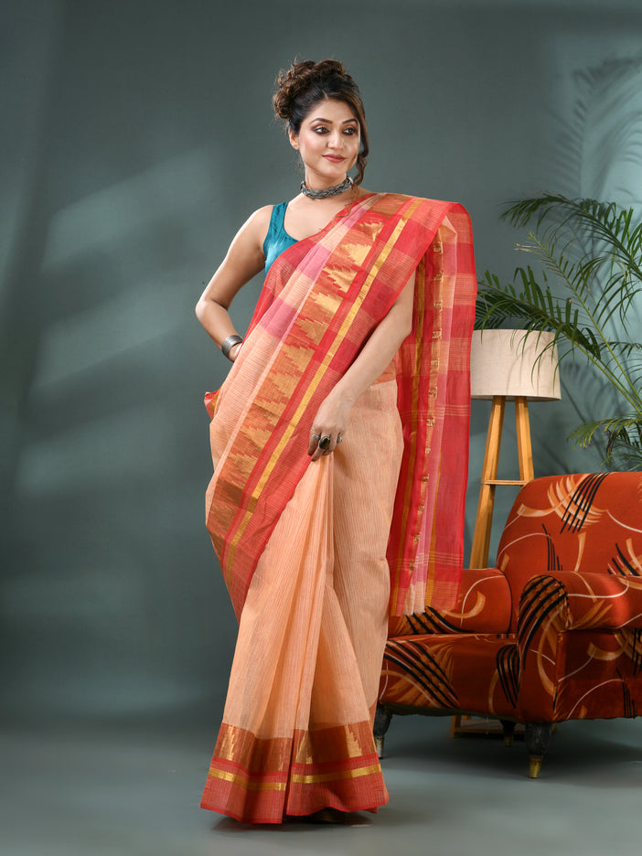 Pure Cotton Handloom Zari Temple Design Tant Saree - Off White Red