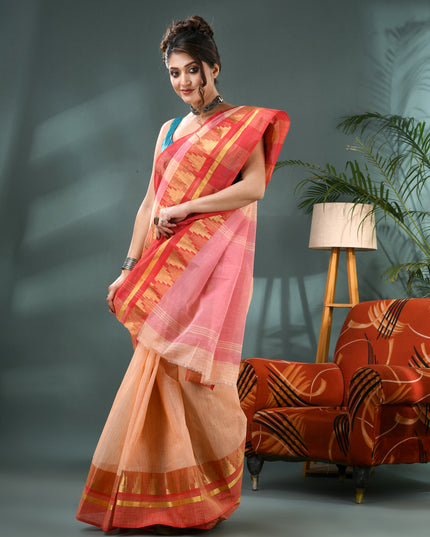 Pure Cotton Handloom Zari Temple Design Tant Saree - Off White Red