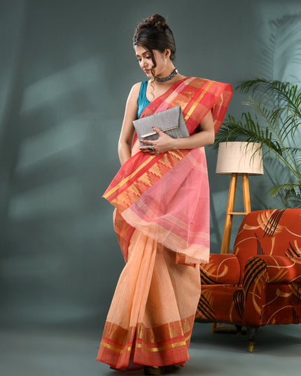 Pure Cotton Handloom Zari Temple Design Tant Saree - Off White Red