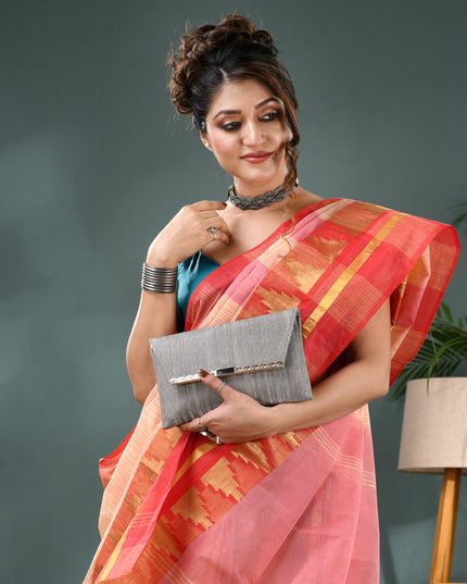 Pure Cotton Handloom Zari Temple Design Tant Saree - Off White Red