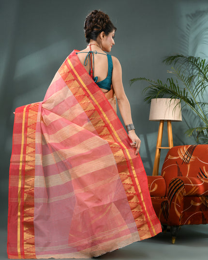 Pure Cotton Handloom Zari Temple Design Tant Saree - Off White Red