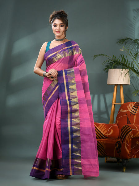 Pure Cotton Handloom Zari Temple Design Tant Saree - Blue Pink