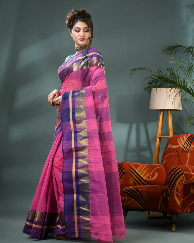 Pure Cotton Handloom Zari Temple Design Tant Saree - Blue Pink