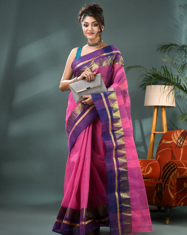 Pure Cotton Handloom Zari Temple Design Tant Saree - Blue Pink