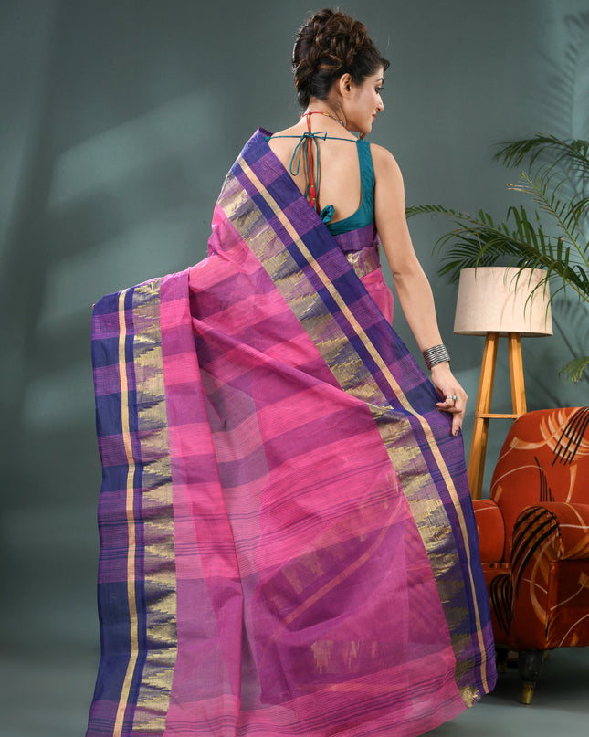 Pure Cotton Handloom Zari Temple Design Tant Saree - Blue Pink