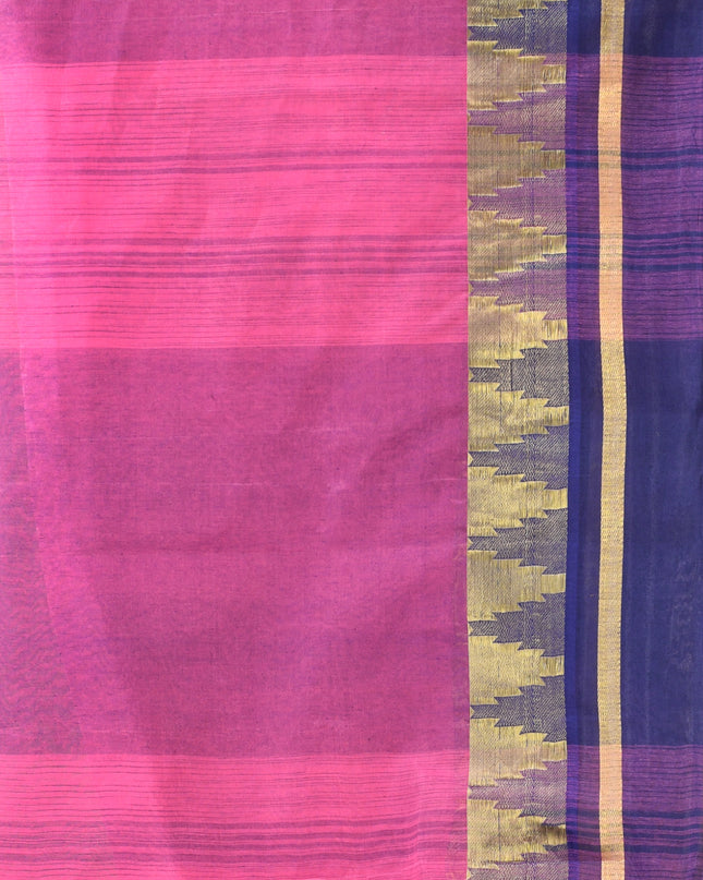 Pure Cotton Handloom Zari Temple Design Tant Saree - Blue Pink