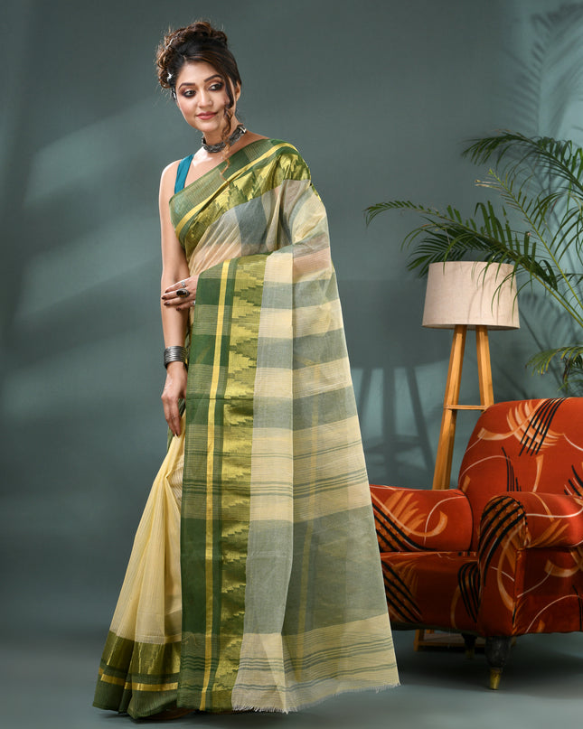 Pure Cotton Handloom Zari Temple Design Tant Saree - Off White