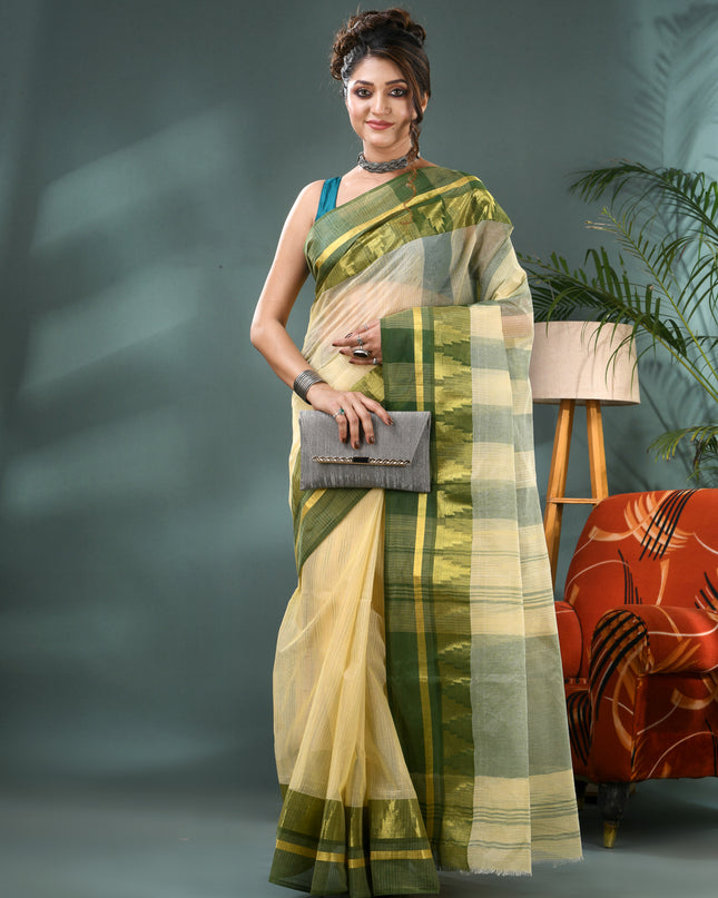Pure Cotton Handloom Zari Temple Design Tant Saree - Off White