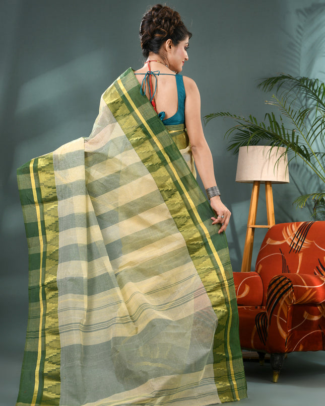 Pure Cotton Handloom Zari Temple Design Tant Saree - Off White