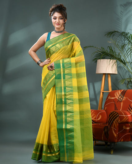 Pure Cotton Handloom Zari Temple Design Tant Saree - Green Yellow