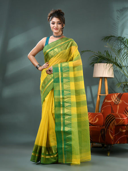 Pure Cotton Handloom Zari Temple Design Tant Saree - Green Yellow