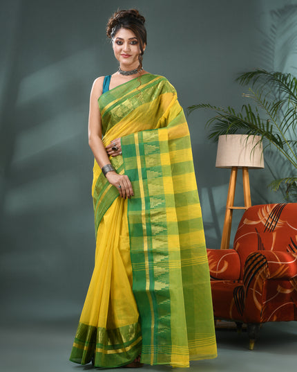 Pure Cotton Handloom Zari Temple Design Tant Saree - Green Yellow