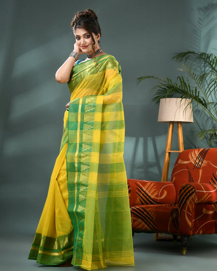 Pure Cotton Handloom Zari Temple Design Tant Saree - Green Yellow