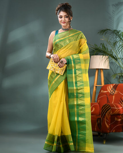 Pure Cotton Handloom Zari Temple Design Tant Saree - Green Yellow
