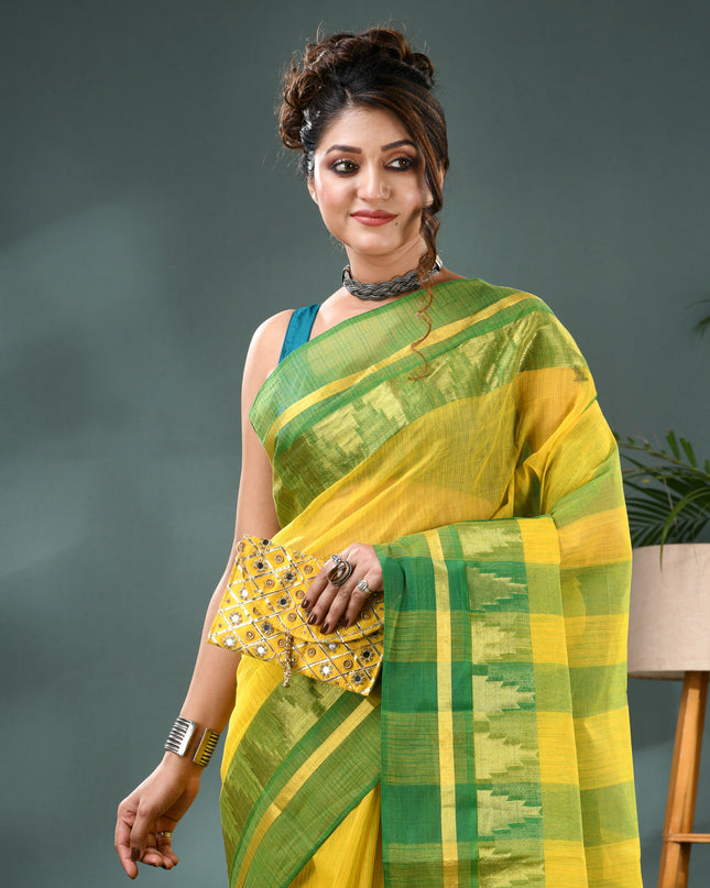 Pure Cotton Handloom Zari Temple Design Tant Saree - Green Yellow