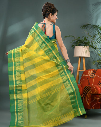 Pure Cotton Handloom Zari Temple Design Tant Saree - Green Yellow