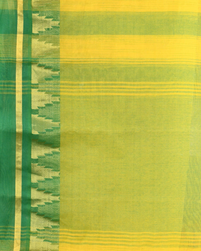 Pure Cotton Handloom Zari Temple Design Tant Saree - Green Yellow