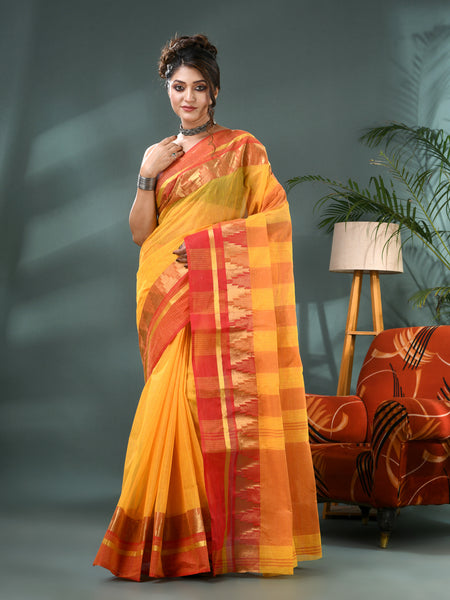 Pure Cotton Handloom Zari Temple Design Tant Saree - Red Yellow