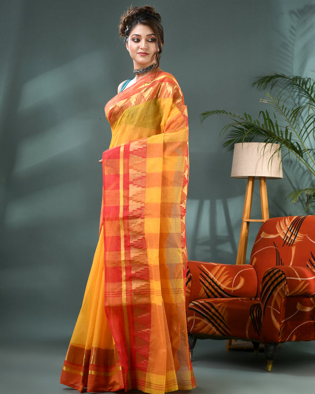 Pure Cotton Handloom Zari Temple Design Tant Saree - Red Yellow