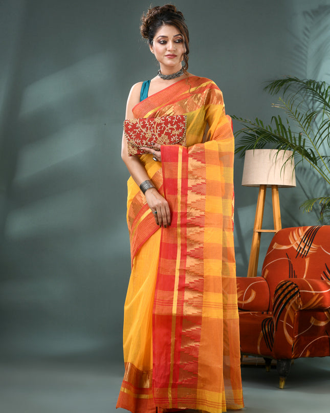 Pure Cotton Handloom Zari Temple Design Tant Saree - Red Yellow