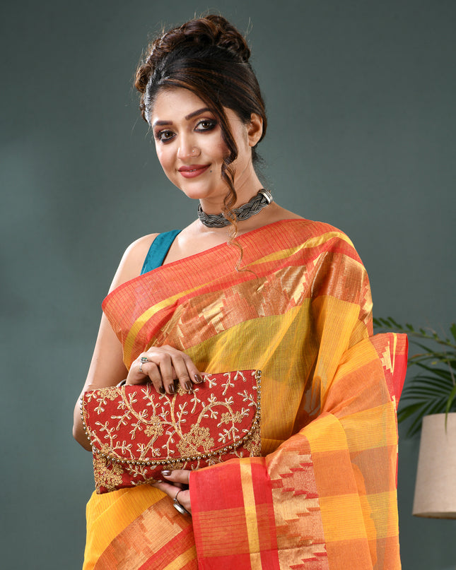Pure Cotton Handloom Zari Temple Design Tant Saree - Red Yellow