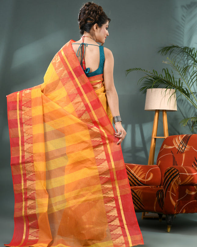 Pure Cotton Handloom Zari Temple Design Tant Saree - Red Yellow