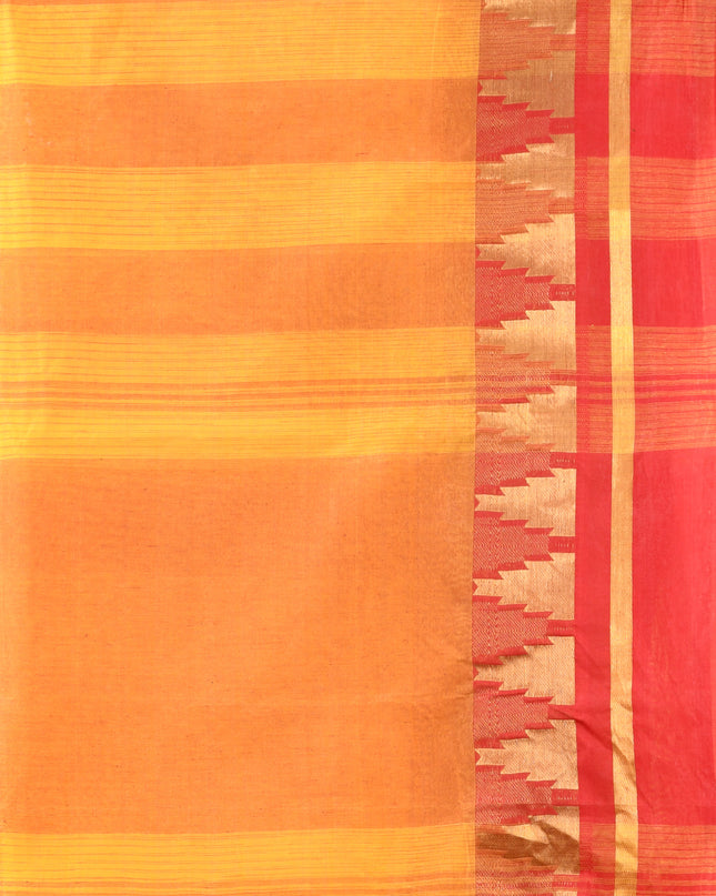 Pure Cotton Handloom Zari Temple Design Tant Saree - Red Yellow