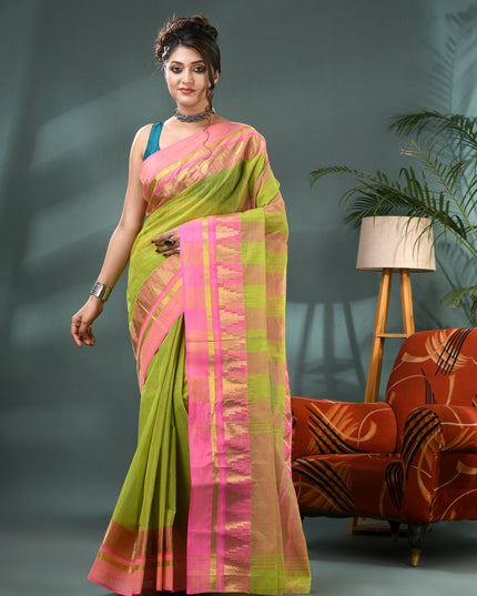 Pure Cotton Handloom Zari Temple Design Tant Saree - Green Pink