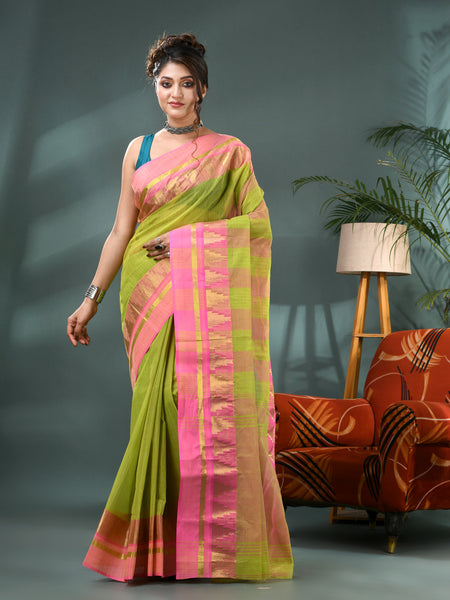Pure Cotton Handloom Zari Temple Design Tant Saree - Green Pink