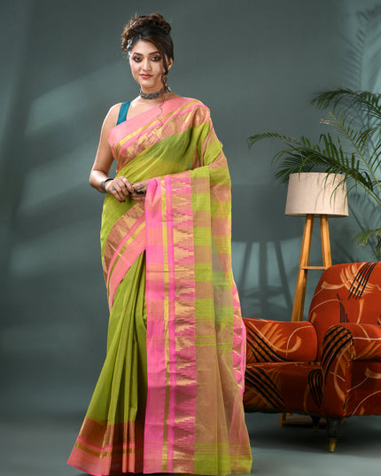Pure Cotton Handloom Zari Temple Design Tant Saree - Green Pink