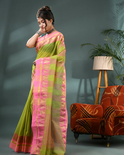 Pure Cotton Handloom Zari Temple Design Tant Saree - Green Pink