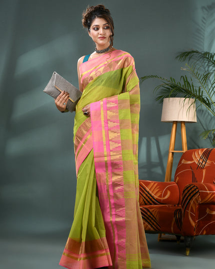Pure Cotton Handloom Zari Temple Design Tant Saree - Green Pink